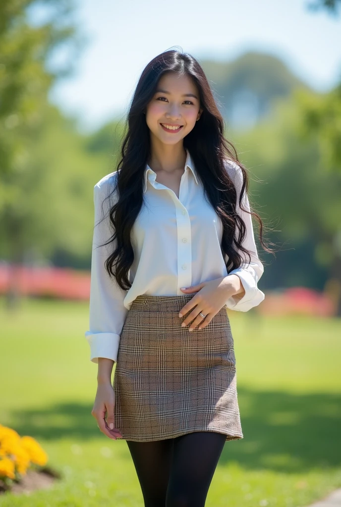Adult Korean girl. she has long black hair, Flushed cheeks and large breasts. She is wearing a brown plaid skirt, white shirt and black leggings. she's in the park.
