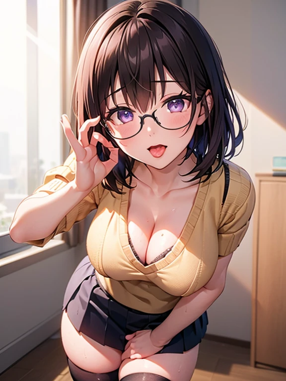 ((Highest quality)), ((masterpiece)), (detailed), One person,Age 25,(Black knit sweater),(mini skirt),Shoulder Bare,Glasses,Big Breasts,blush,Underbust,(Her cleavage is visible),(Excited expression),(Seduce),night,indoor,Remains,nightのRemains,Dim lighting,(In a dimly lit room),(In a messy room),Browsing Caution,sexy,dirty,Sweat,(Black knee-high socks),