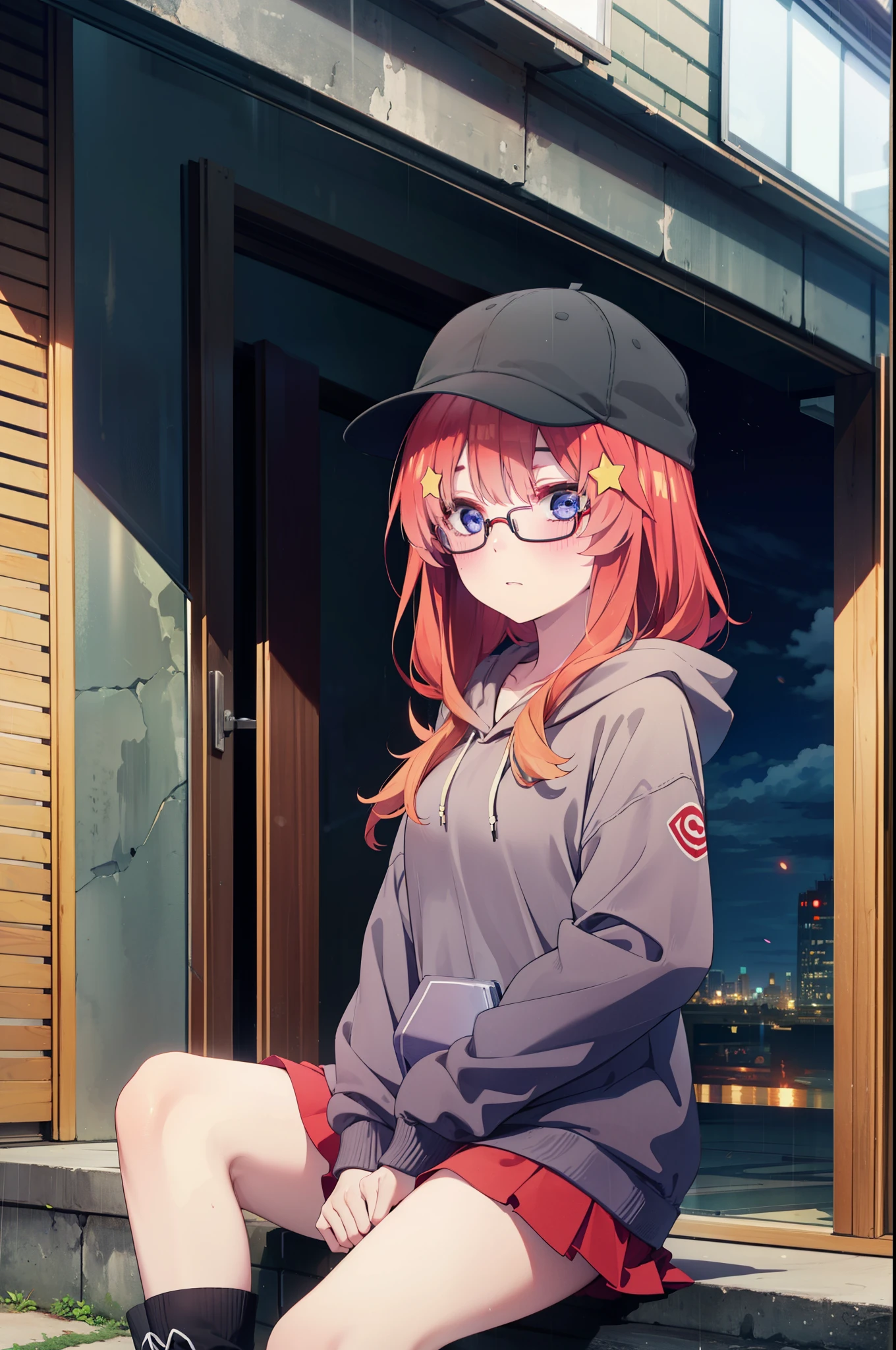 itsukinakano, Itsuki Nakano, bangs, blue eyes, Hair between the eyes, Ahoge, Redhead, star \(symbol\), hair ornaments, star hair ornaments,blush,Baseball hats,Black-rimmed glasses red oversized hoodie,mini skirt,White knee socks,short boots,Hiding in a building with a roof,Sitting on the stairs,night,rain,cloudy,whole bodyがイラストに入るように,
break outdoors, Building district,
break looking at viewer, whole body,
break (masterpiece:1.2), Highest quality, High resolution, unity 8k wallpaper, (figure:0.8), (Beautiful attention to detail:1.6), Highly detailed face, Perfect lighting, Highly detailed CG, (Perfect hands, Perfect Anatomy),