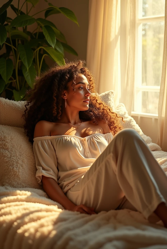 (photorealism:1.2), beautiful woman, sitting on bed, wearing loose off-shoulder top, pajama pants, long curly hair, indoors, soft lighting, plants in background, window with sunlight, cozy room, relaxed pose, realistic, intricate details, warm colors, by Greg Rutkowski, by Alphonse Mucha