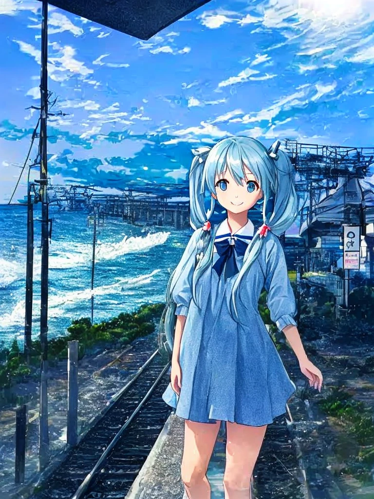 Light blue long hair、Beautiful girl with twin tails、The Enoden train is running.、Railroad crossing、blue sky、beautiful sea、Smiling Girl、The sea is beautifully illuminated by the sun