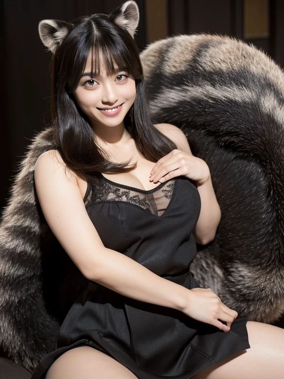 ((Highest quality, 8k)), ((masterpiece)), (Highest Resolution), Perfect Face, Woman with raccoon ears, Female college student, Beautiful woman, public, One tail, she has thick thighs, Big raccoon tail, She has a brown raccoon tail., She wags her tail, Smiling with teeth showing, Fur collar, she is wearing a short skirt, Beautiful Hips , Big Butt, Raccoon tail sticking out of panties