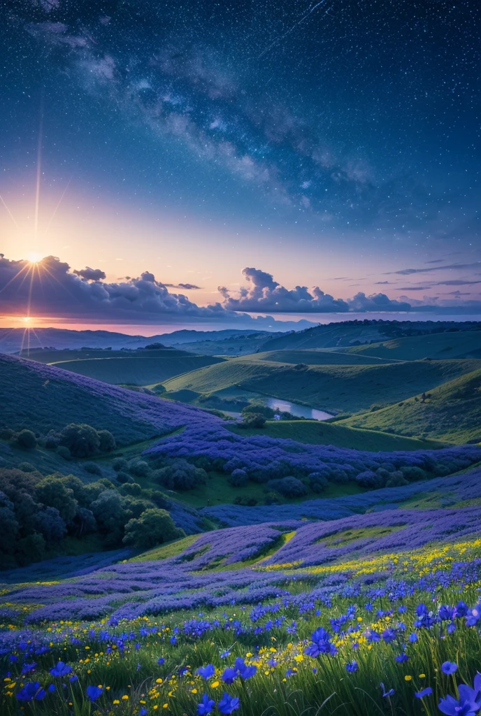 A photorealistic illustration featuring a vast field of vibrant blue flowers under a starry night sky. The flowers are in full bloom, stretching out to the horizon. Above, the sky is filled with countless twinkling stars, creating a breathtaking celestial scene. The colors are rich and deep, with a focus on the blues of both the flowers and the sky. The atmosphere is serene and magical, capturing the quiet beauty of nature at night with realistic detail and texture.