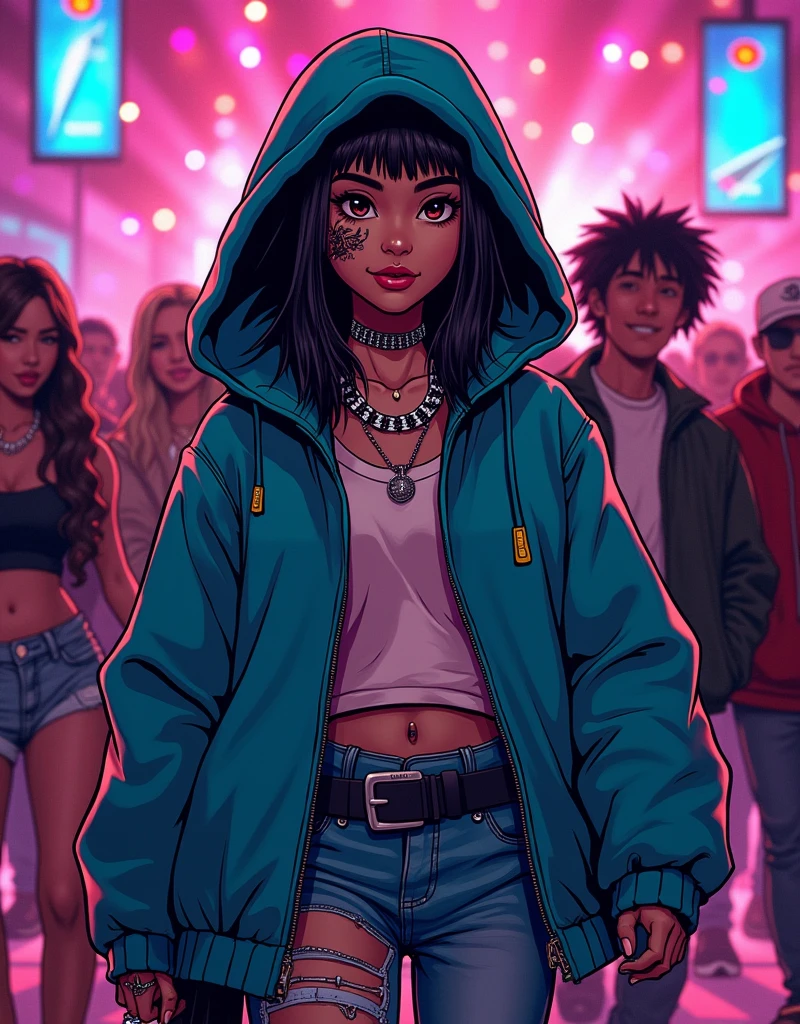 Asian Girl Rapper, walking with her gang, side view, in the club, big hoodie, very pretty, face_tattoos, comic style, cartoon, comic style, gangster, tech wear outfit, dynamic