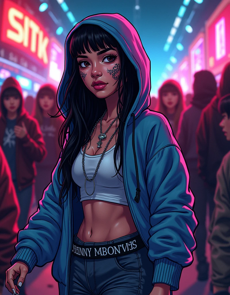 Asian Girl Rapper, walking with her gang, side view, in the club, big hoodie, very pretty, face_tattoos, comic style, cartoon, comic style, gangster, tech wear outfit, dynamic