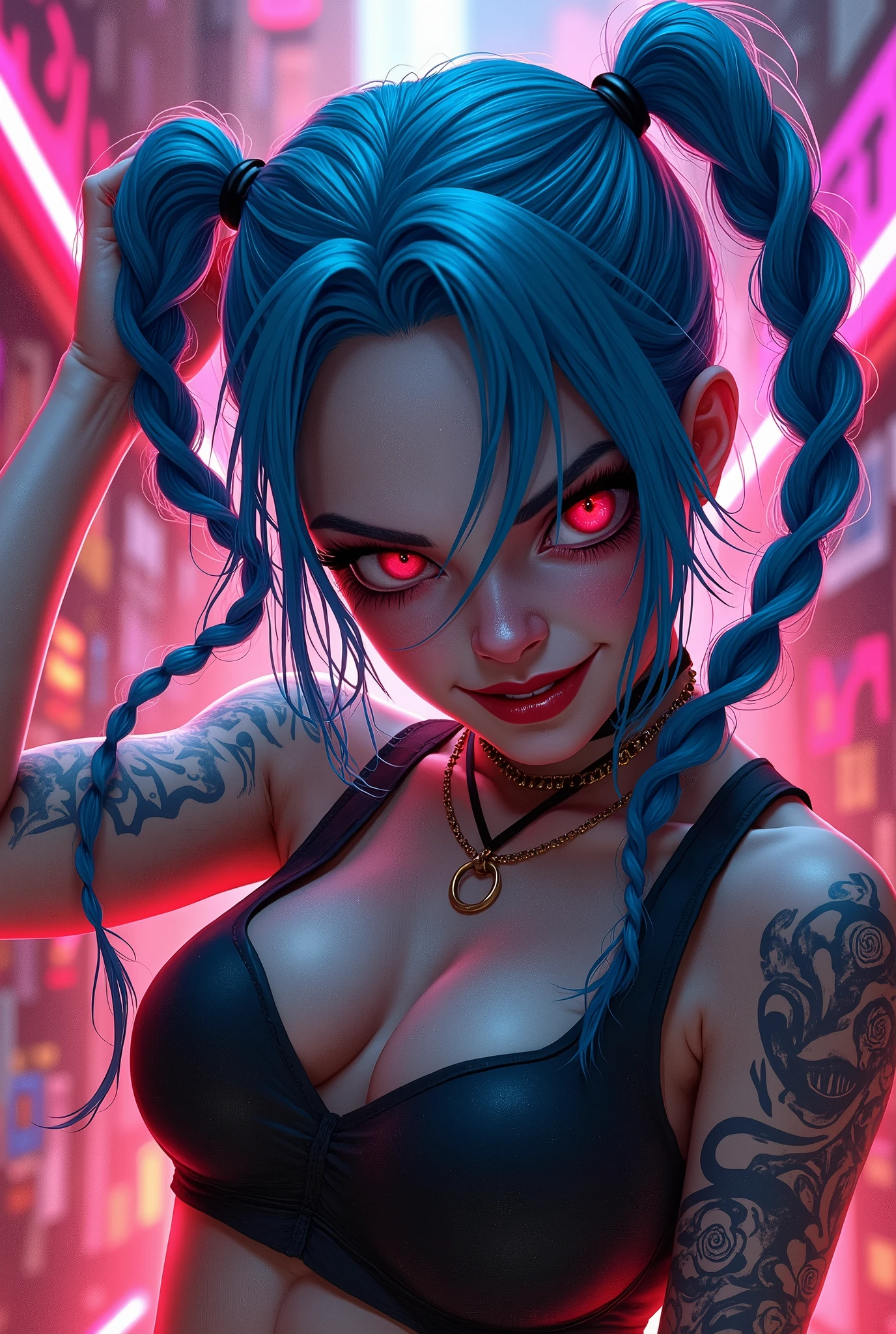 Hyper realistic super detailed Jinx cosplay , Very detailed, (hyper realistic: 1.4), in dynamic pose, angry face, twin braids, long hair, blue hair, red eyes, tattooed arm , ((Crazy face)), arcane style. ((Grunge Neon grafitti background)).