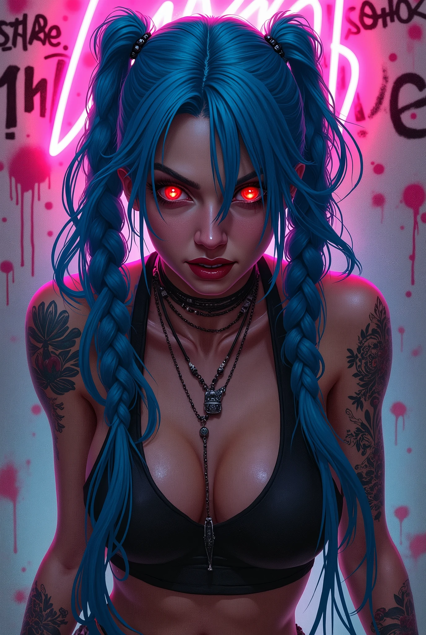 Hyper realistic super detailed Jinx cosplay , Very detailed, (hyper realistic: 1.4), in dynamic pose, angry face, twin braids, long hair, blue hair, red eyes, tattooed arm , ((Crazy face)), arcane style. ((Grunge Neon grafitti background)).