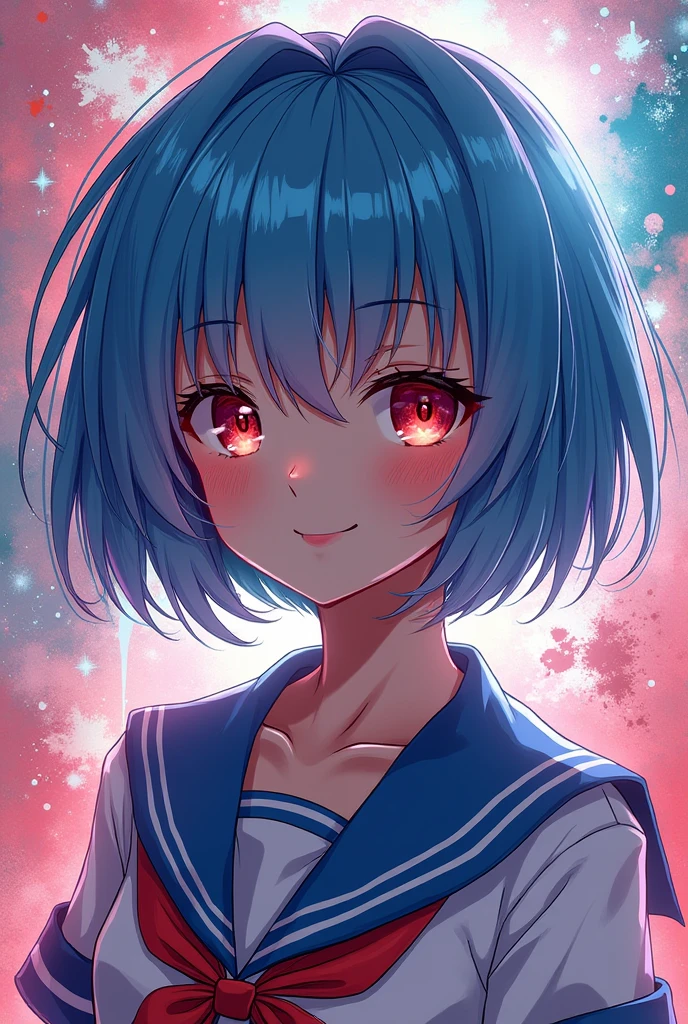 Masterpiece portrait of smiling Rei Ayanami (evangelion), evangelion (Hideaki), Caustics, high resolution illustration, Red eyes, female, without students, For the blue, short hair, japanese school uniform, moccasins, swpunk, synthesized wave, paint splashs, flat shaded illustration, Digital art, trend in artstation, Very detailed, good detail, Intricate, splash, outrun, vaporizer, Neon colors