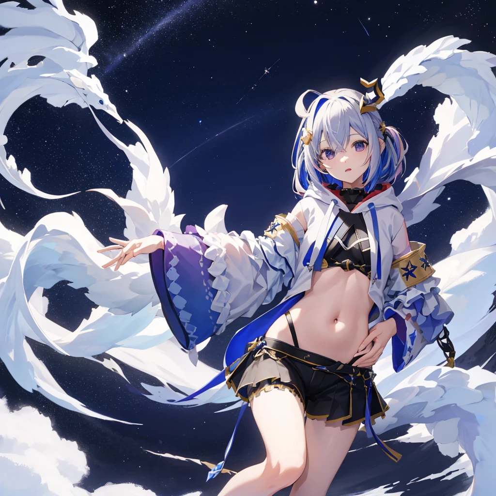 Amane Kanata,Ho****ve,Cool pose,Night Sky,Top view,(No sleeve,Belly button,One white wing),sea of clouds,(A dragon is flying behind me),Wearing a black hoodie