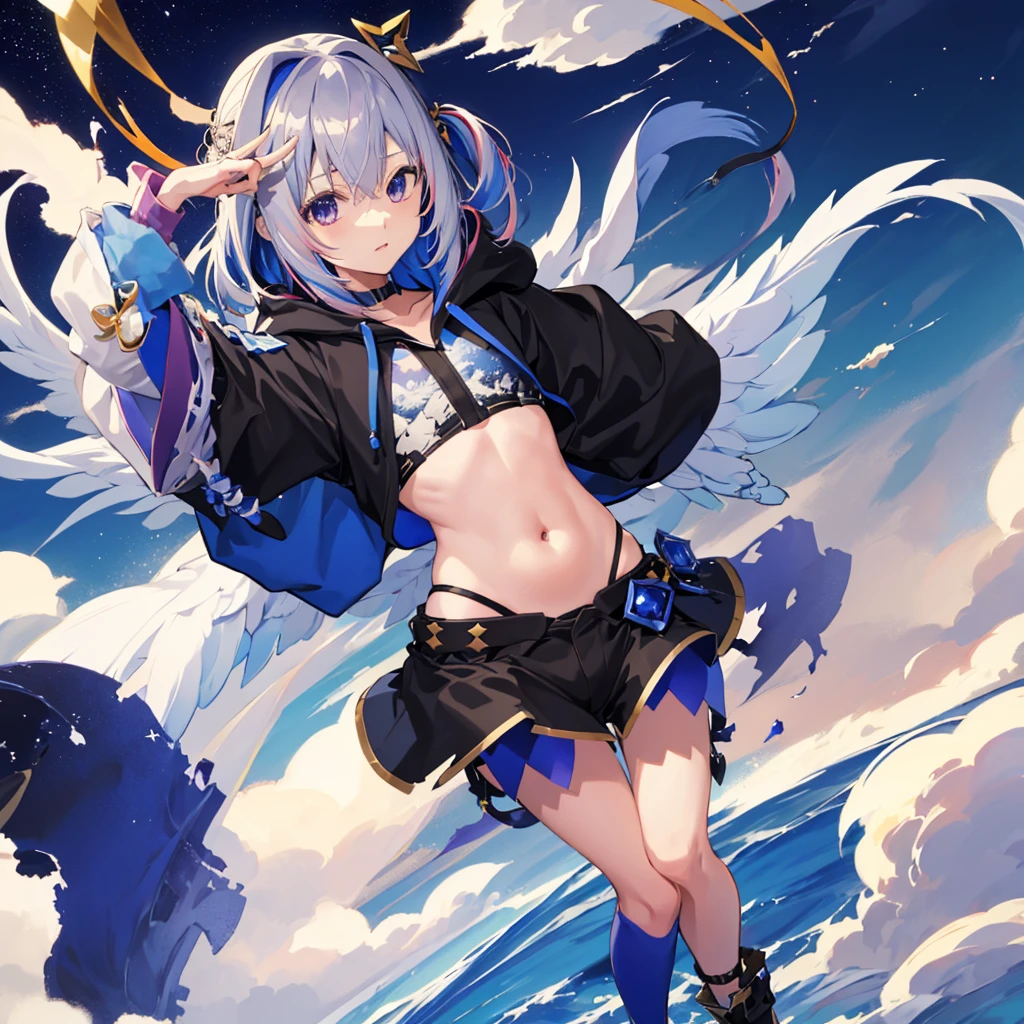 Amane Kanata,Ho****ve,Cool pose,Night Sky,Top view,(No sleeve,Belly button,One white wing),sea of clouds,(A dragon is flying behind me),Wearing a black hoodie