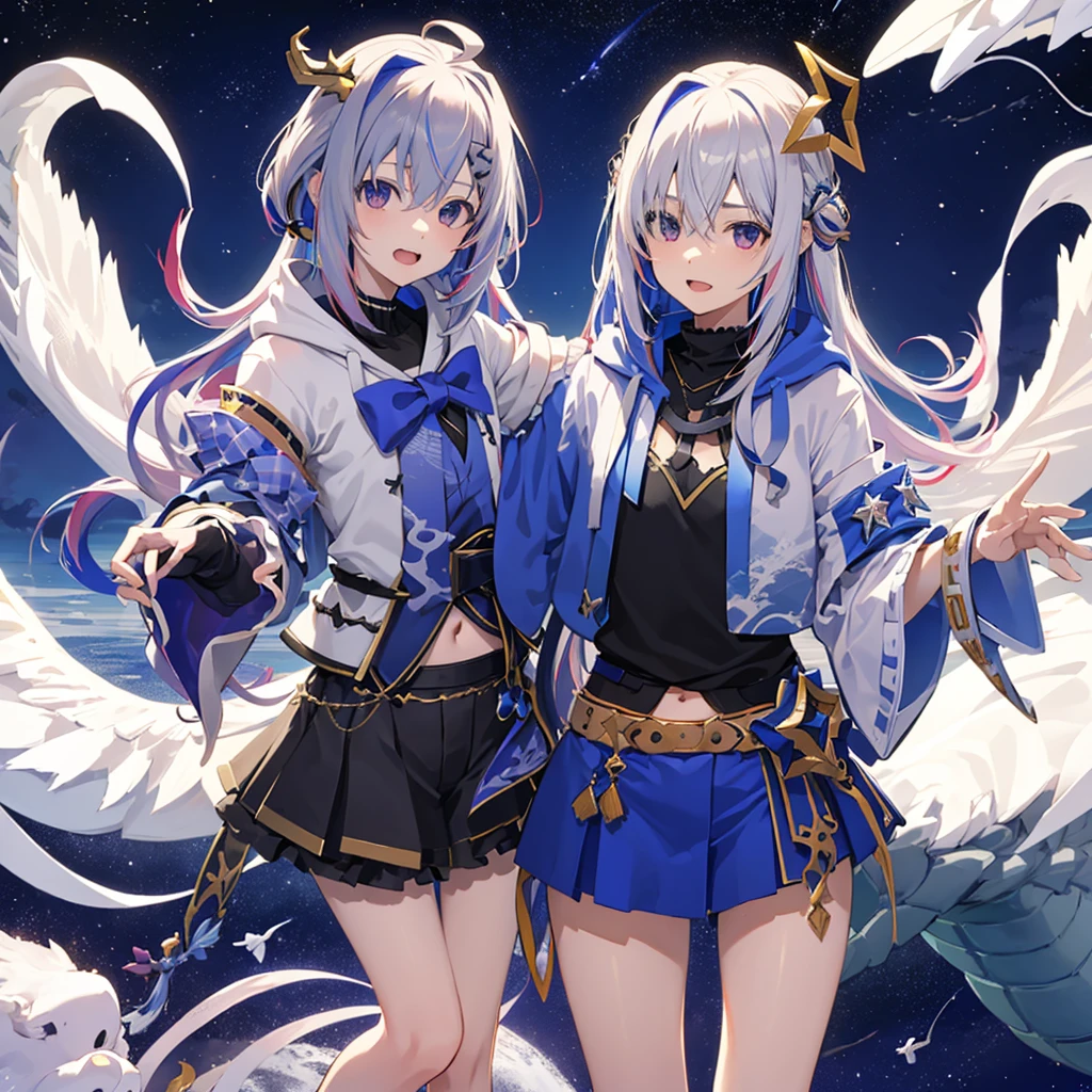 Amane Kanata,Ho****ve,Cool pose,Night Sky,Top view,(No sleeve,Belly button,One white wing),sea of clouds,(A dragon is flying behind me),Wearing a black hoodie