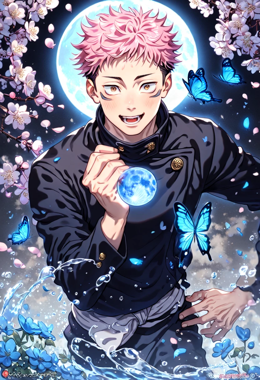 absurdres, highres, ultra detailed, HDR, master piece, best quality, extremely detailed, Itadori Yuuji, pink hair, expressive brown eyes, Jujutsu Kaisen, solo, sexy man, handsome, manly man, sensual, horny, jujutsu kaisen uniform, fantasy, magical, blue moon, blue flowers, blue butterflies, blue petals, blossoms, water