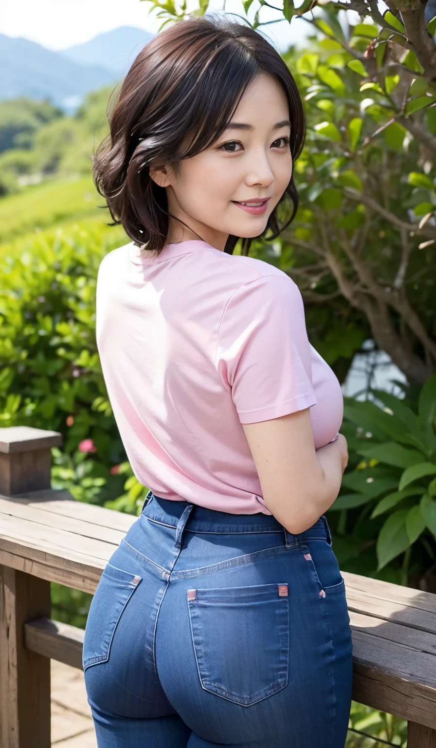 Beautiful Japanese Women、Beautiful Mature Woman、Classy sex appeal、sexy、Perfect Lighting、Beauty、Transparent beauty、8K High Resolution、Beauty in natural light、High resolution、Photorealistic、Masterpiece、smile、Gravure quality、55-year-old Mrs.、Plump body shape、Tight denim pants、Earth color t-shirt、Big Ass、Trekking along mountain trails、Carry your backpack