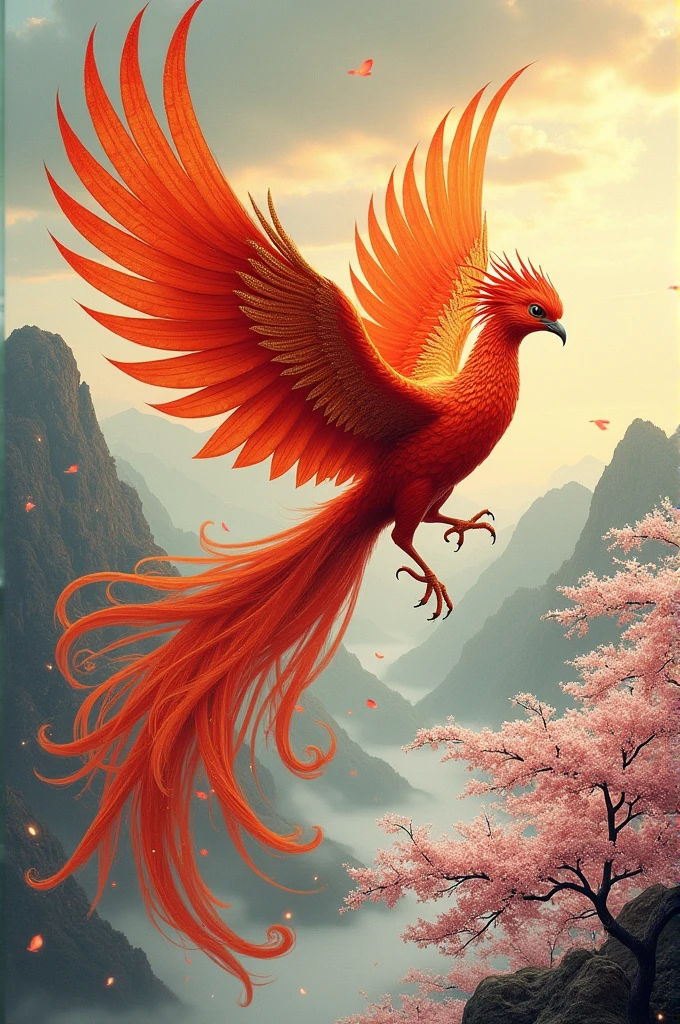 Hail phoenix flying towards the front with flames and wings understood in Japanese style 
