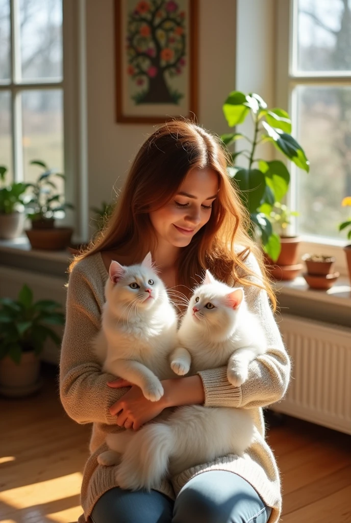 
Woman with brown hair holding two white cats in her arms
