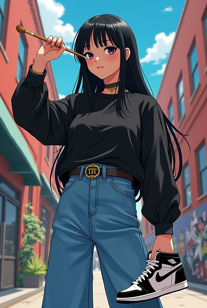 Anime girl with a paintbrush on her nose ring, wearing an oversized black shirt, wide Colombian-style jeans, white and black Jordan Retro 1 sneakers, long straight black hair with black streaks, and Anuel AA in the background of the photo.