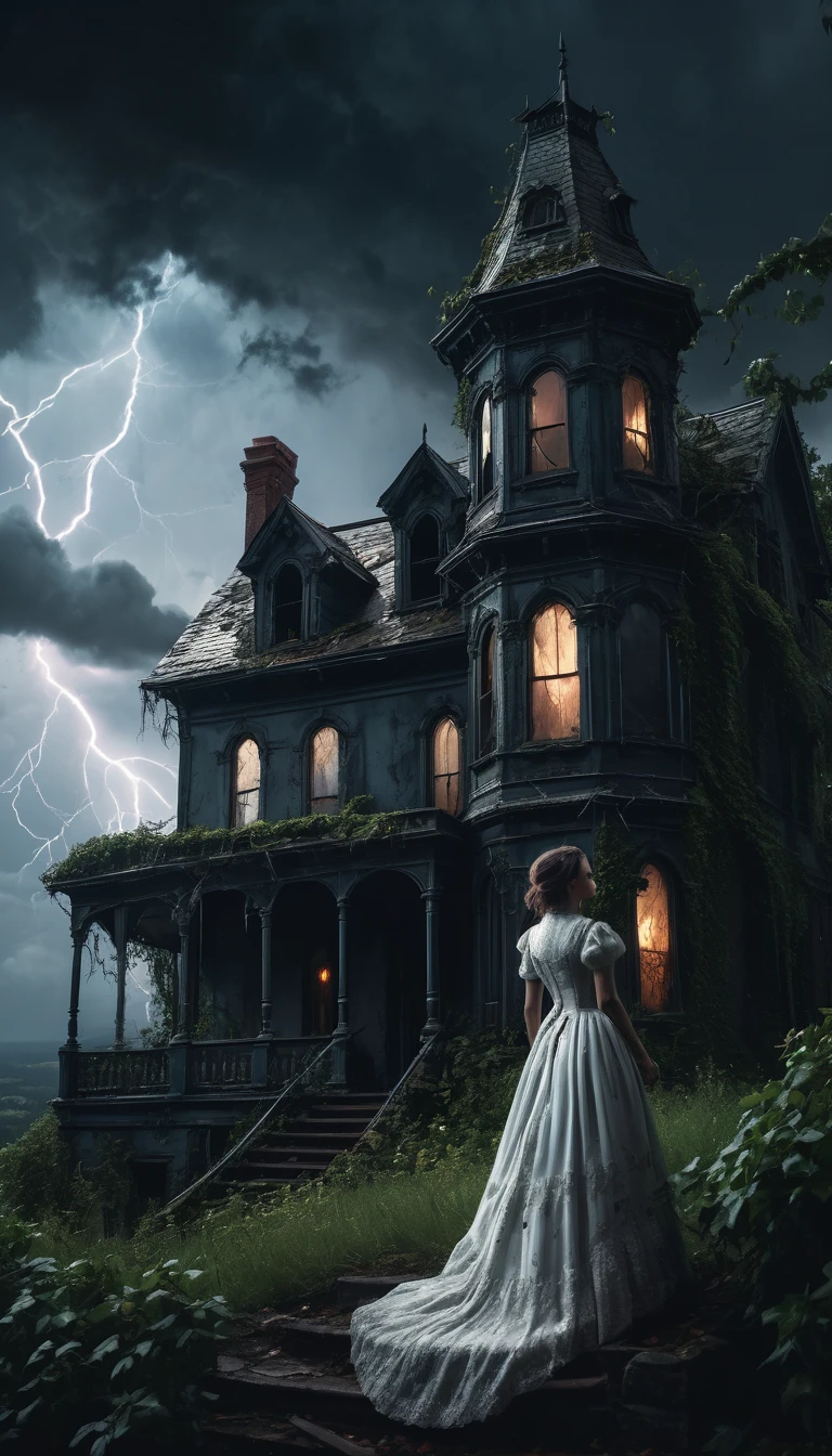 A gothic, Victorian-style haunted house on a hill, lightning striking in the background. The house is old and decaying, with broken windows and ivy growing over the walls. A woman in a white dress stands at the window, looking out at the storm. Cinematic lighting, dark and moody atmosphere, detailed, 8K, concept art, ArtStation quality