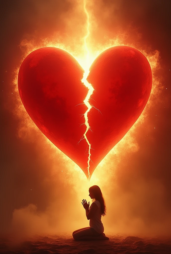 A heart with the icon of "Like" At the center, but with a crack, symbolizing the fragility of self-esteem based on social media. Around the heart, a light that represents God's love, with a person praying or in a moment of inner peace, indicating that true self-esteem comes from connection with God.