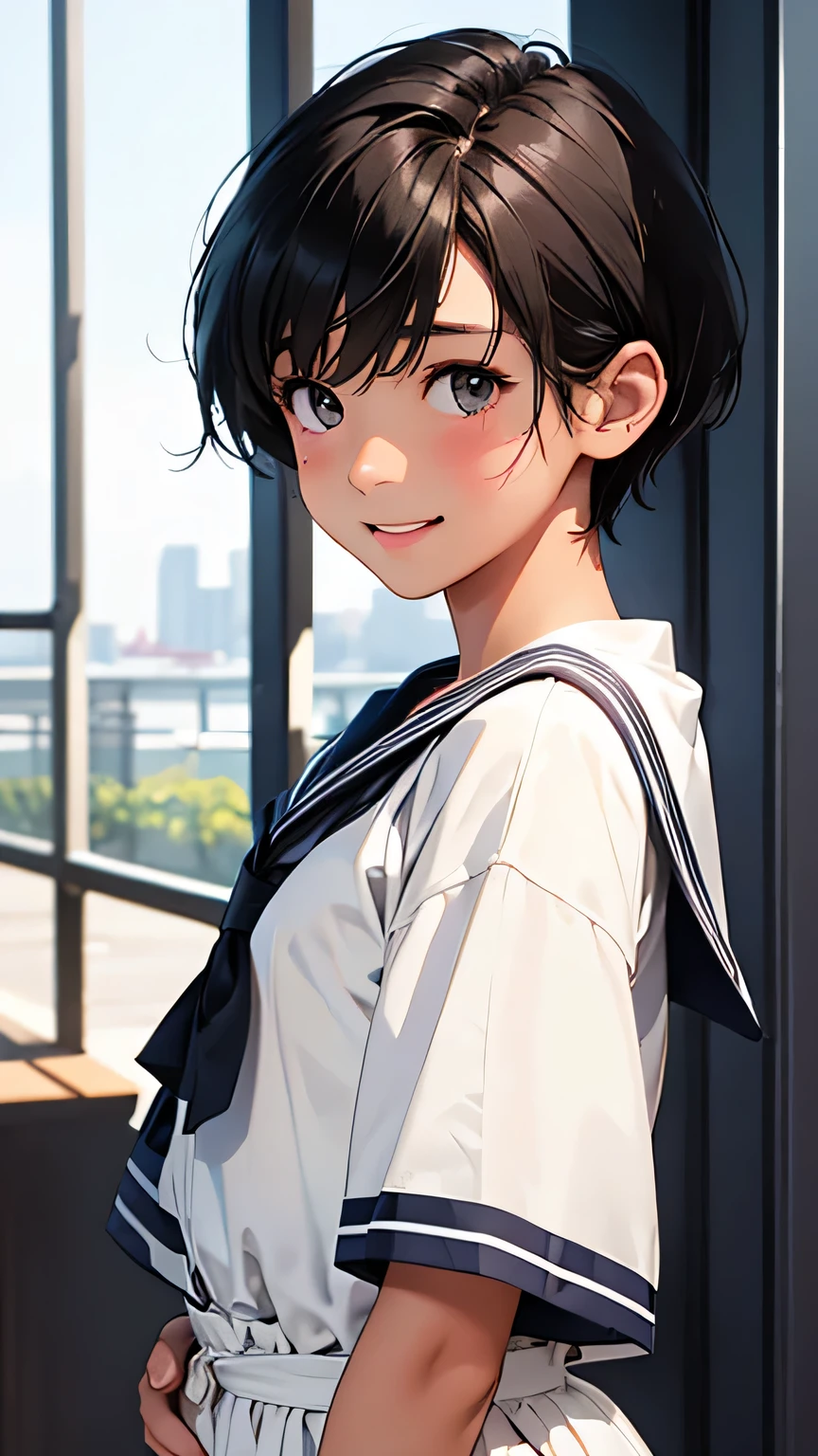 Highest quality、Realistic、、zoom、Primary school students、Girl、look up、cute、Light grey eyes、Black Hair、Short Hair、boyish、Tanned brown skin、Dark Skin、Sailor suit、Shy laugh、Flat Chest、Bust Shot、Back view、thin