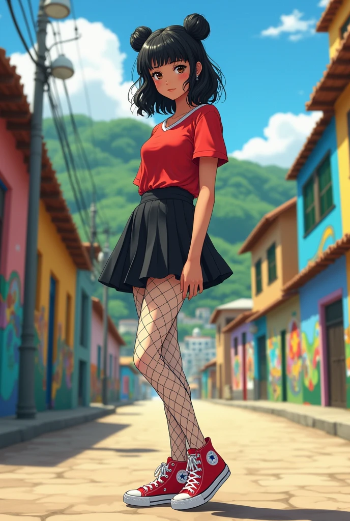 A Brazilian girl from Rio de Janeiro, 18 year old young adult, with curves that look small and fragile with light brown skin, Face of delicate features, medium wavy black hair at neckline length and with the roots parted in the middle, eyes black. 1,66cm and 65kg, hourglass body, and a mole below the right eye. Wearing black and red colored clothes, short black schoolgirl skirt, white fishnet tights, red All Star style sneakers and red blouse and the character Sailor Moon&#39;s hairstyle of double odango buns, short nails painted blood red. A full-body realistic style image.