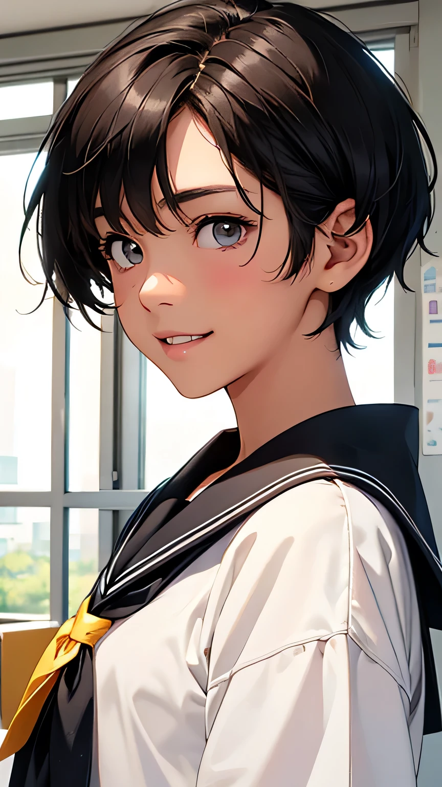 Highest quality、Realistic、、zoom、Primary school students、Girl、look up、cute、Light grey eyes、Black Hair、Short Hair、boyish、Tanned brown skin、Dark Skin、Sailor suit、Shy laugh、Flat Chest、Bust Shot、Back view、thin