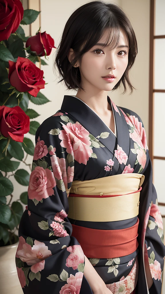 (Japanese Kimono made with real roses, Lots of roses), modern art, Intricate Design, Highest quality, 8k, masterpiece: 1.3, Clear focus: 1.2、short hair、Japanese women、Kimono Actress、33 years old、Beautiful woman with perfect figure: 1.4, Highly detailed face and skin texture, fine grain, Closed lips