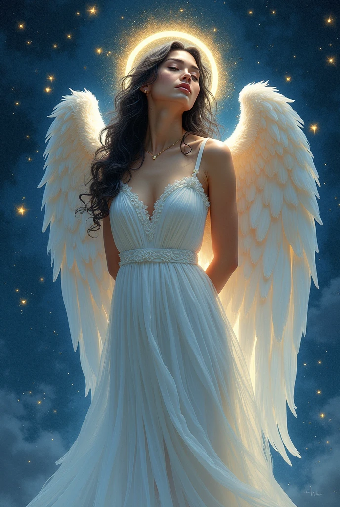artwork, best quality, , white dress, angel, angel wings, golden halo, dark Claudia Doumit 🖤, torso, (closed mouth:1.2), looking at viewer, arms behind back, blue theme, stars, starry night, doggy pose, doggystyle, wearing thong