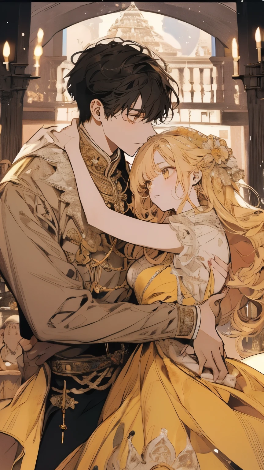 Princess、Prince、Yellow long dress、Dance、Castle、smile
