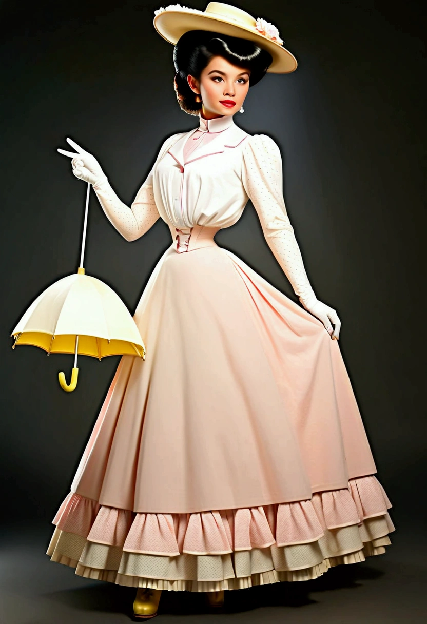 Year 1899. Veronica Lodge as an attractive, slutty yo brunette socialite daintily carrying a parasol, pinky finger raised. Yellow 1890_dr3ss and ornate wide-brimmed hat.  Large breasts. Wasp waist. Bubble butt. High-collar long sleeve top, long skirt. (((Lifting her skirts, revealing her petticoats, stockings and boots.))) Full body