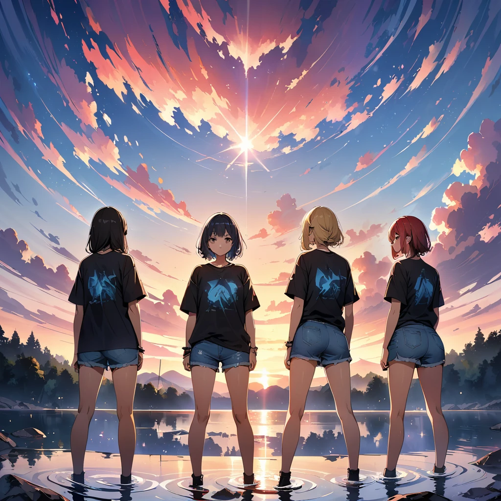 official art, unified 8k wallpaper, super detailed, masterpiece, Best image quality,super wide angle,evening,(four slim girls are standing side by side:1),black t-shirt and jeans shorts, rock stars, Standing in the pond,Backlit, water is like a mirror,reflecting the sky。look up to the sky,Colorful sunset,Dynamic angle, grace, bright colors, from behind
