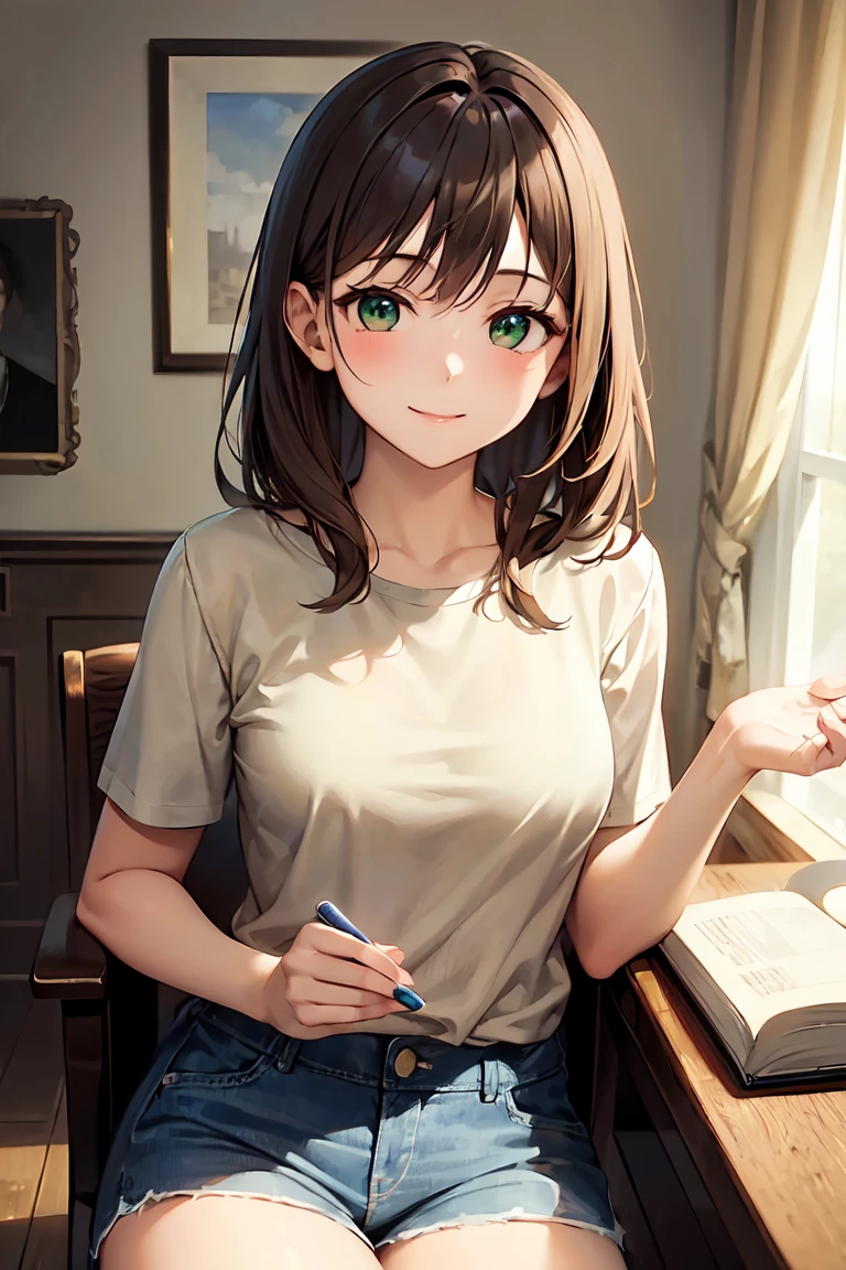 masterpiece, Highest quality, Very detailed), Portrait of an 18 year old woman with light brown hair, Green round eyes, Beige blouse and blue jeans、Smiling Blue Shorts、Reading the Brown Book - Auto Ultrarealistic -  