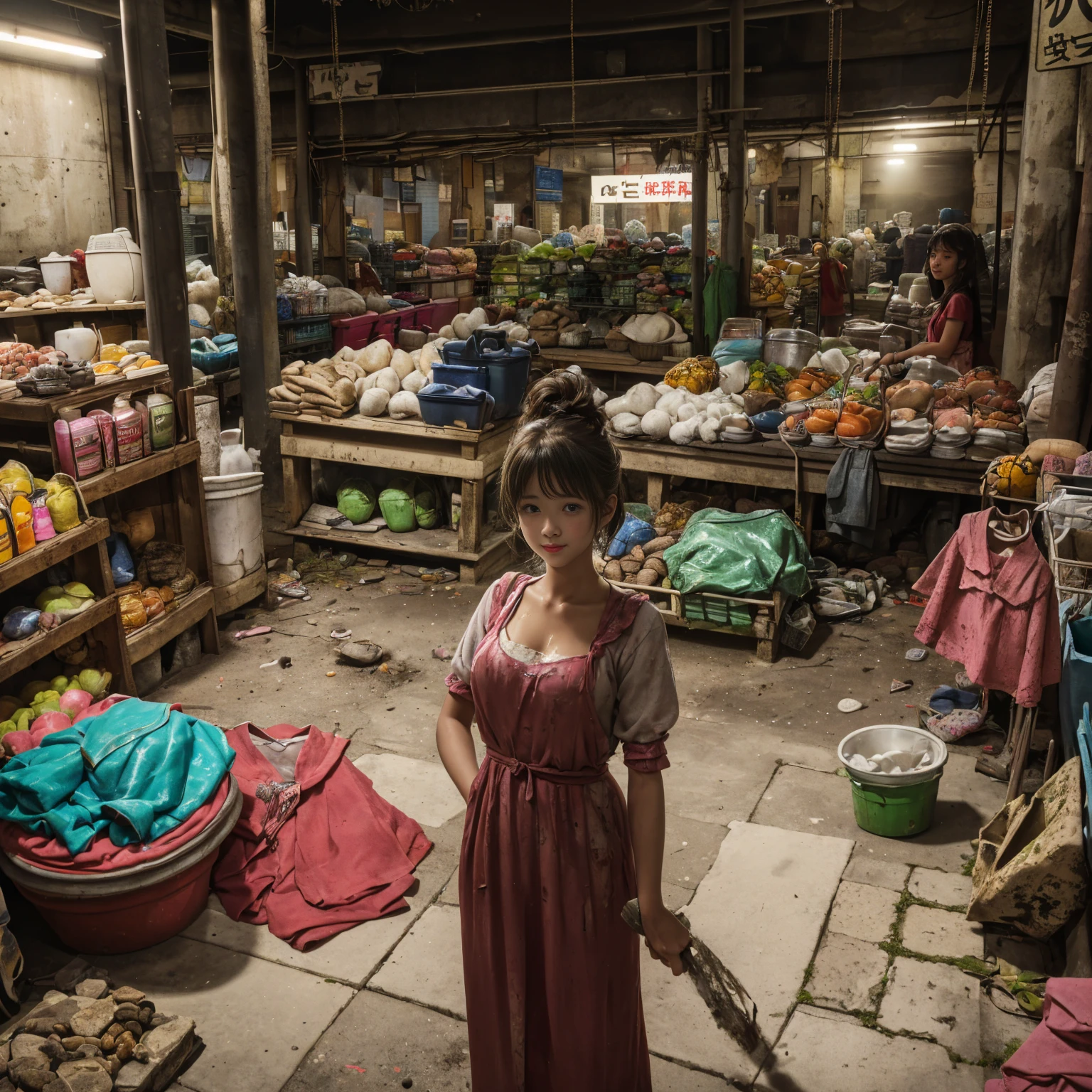 
((masterpiece、Highest quality))、Beautiful girls gather.、Girl in summer clothes、(Detailed and cute face:1.3)、(Poor conditions、Dim and unsanitary、Crumbling underground shopping mall、Showa Retro)、屋台のdiet店、stage、sewage、Dirty shop、street vendors、Unsanitary and abandoned city、smile、diet、Poor person々