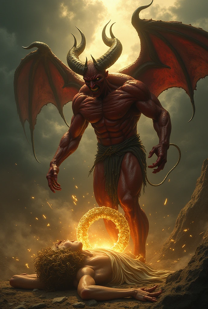 Create an image of a demon stepping on and crushing the head of a golden angel