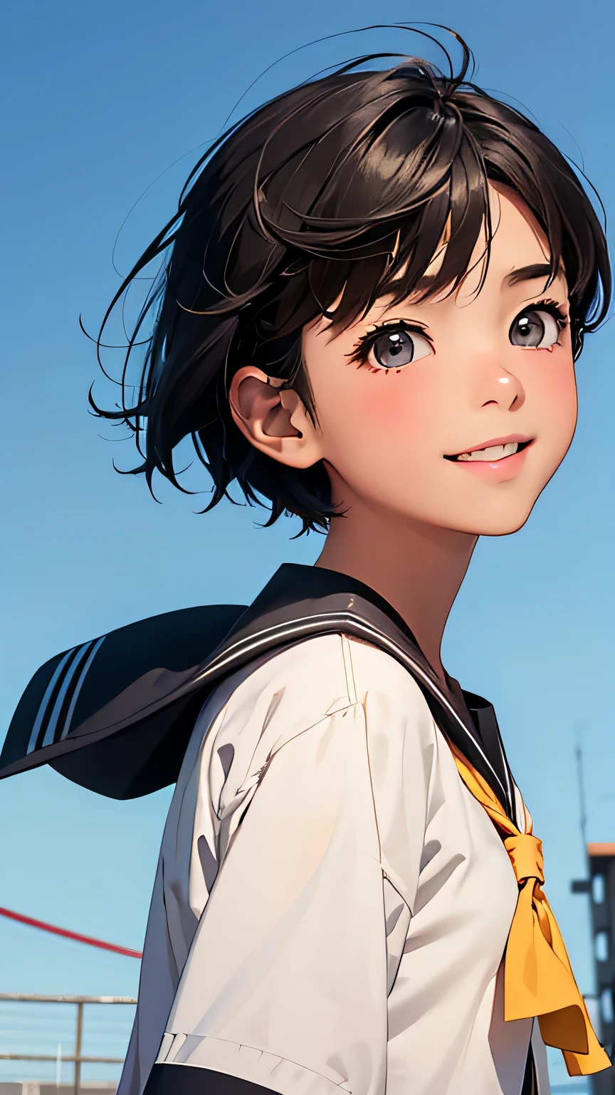 Highest quality、Realistic、、zoom、、Girl、look up、cute、Light grey eyes、Black Hair、Short Hair、boyish、Tanned brown skin、Dark Skin、Sailor suit、Shy laugh、Flat Chest、Bust Shot、Back view、thin