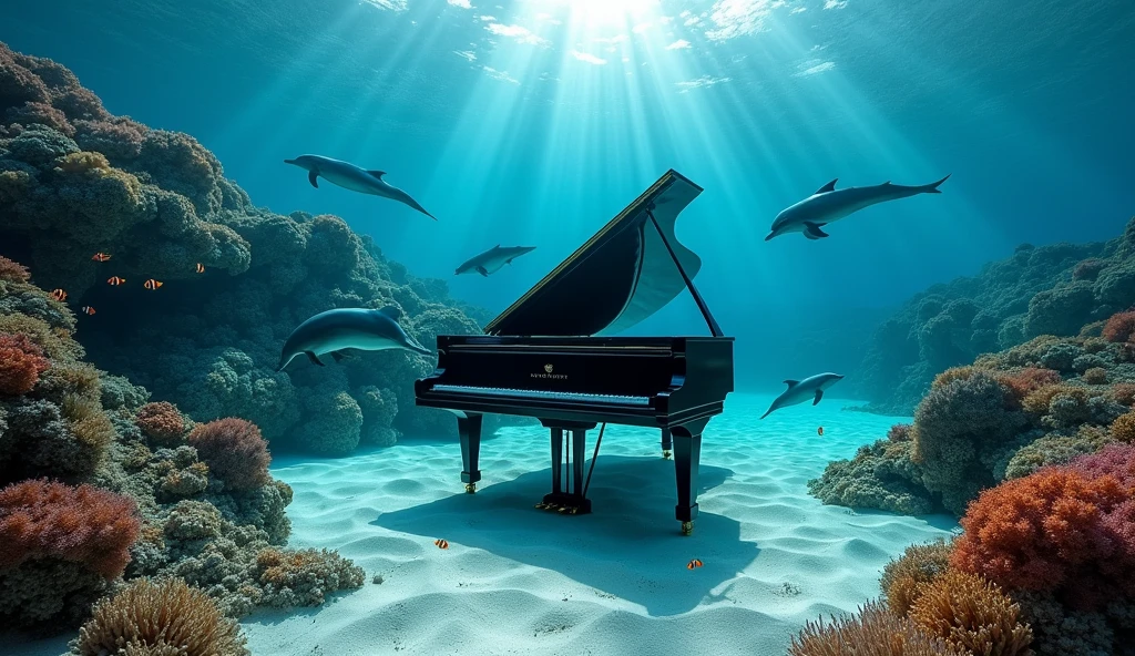 Two dolphins swim out from the depths, a sunken ship is visible. Colorful coral reef "A stunning underwater scene featuring a black grand piano resting on a sandy seabed. Several dolphins swim gracefully around the piano. Sunbeams filter into the clear water from the top right of the screen, creating beautiful patterns on the sand and piano. The overall atmosphere is tranquil and mesmerizing, with the piano standing out against the vibrant blue tones of the ocean. The dolphins are playful and inquisitive, enlivening the serene underwater environment. The image is realistic, capturing fine details of the piano, dolphins, and underwater light effects." A pair of clownfish swim gracefully around colorful coral. Change the composition to a top-down view