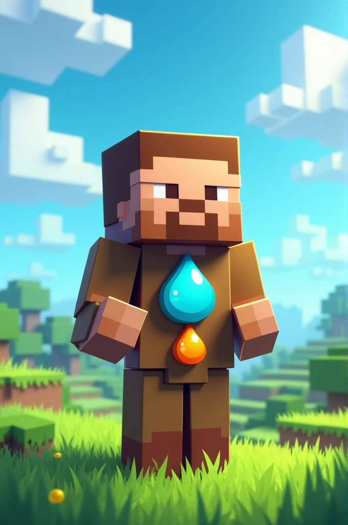 "Create an image of a Minecraft-style character, similar to Steve, with blocks in brown and green tones. The character must be standing and holding the Yappy logo in front of his chest. The Yappy logo consists of two stylized water drops: the first drop, sky blue, is oriented to the left and placed slightly above the second drop. The second drop, orange in color, está orientada hacia la derecha y ubicada justo debajo de the first drop. Below the two drops, the text 'yappy' appears in clear and legible letters. The background of the image should be a typical Minecraft landscape, with a field of green grass and a clear blue sky with some cubic clouds. The style of the image should reflect the pixelated and characteristic design of Minecraft."