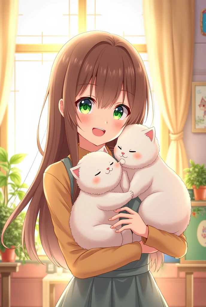 Anime girl with brown hair holding two white cats in her arms