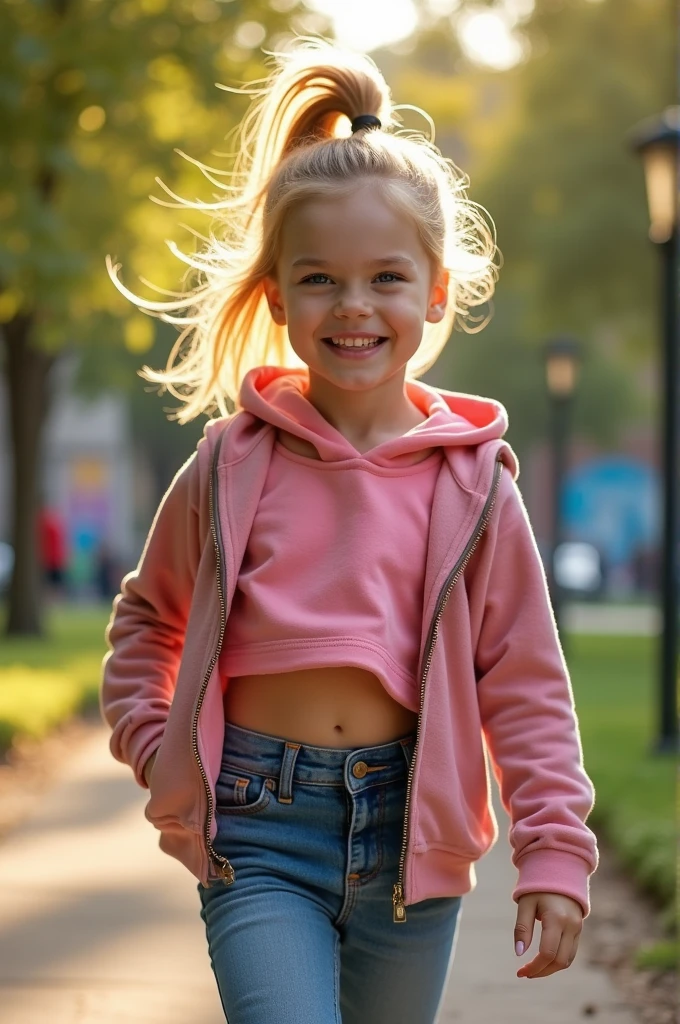 Girl, Ponytail yellow hair, blue eyes hoodie pink croptop, mini jeans, plump body