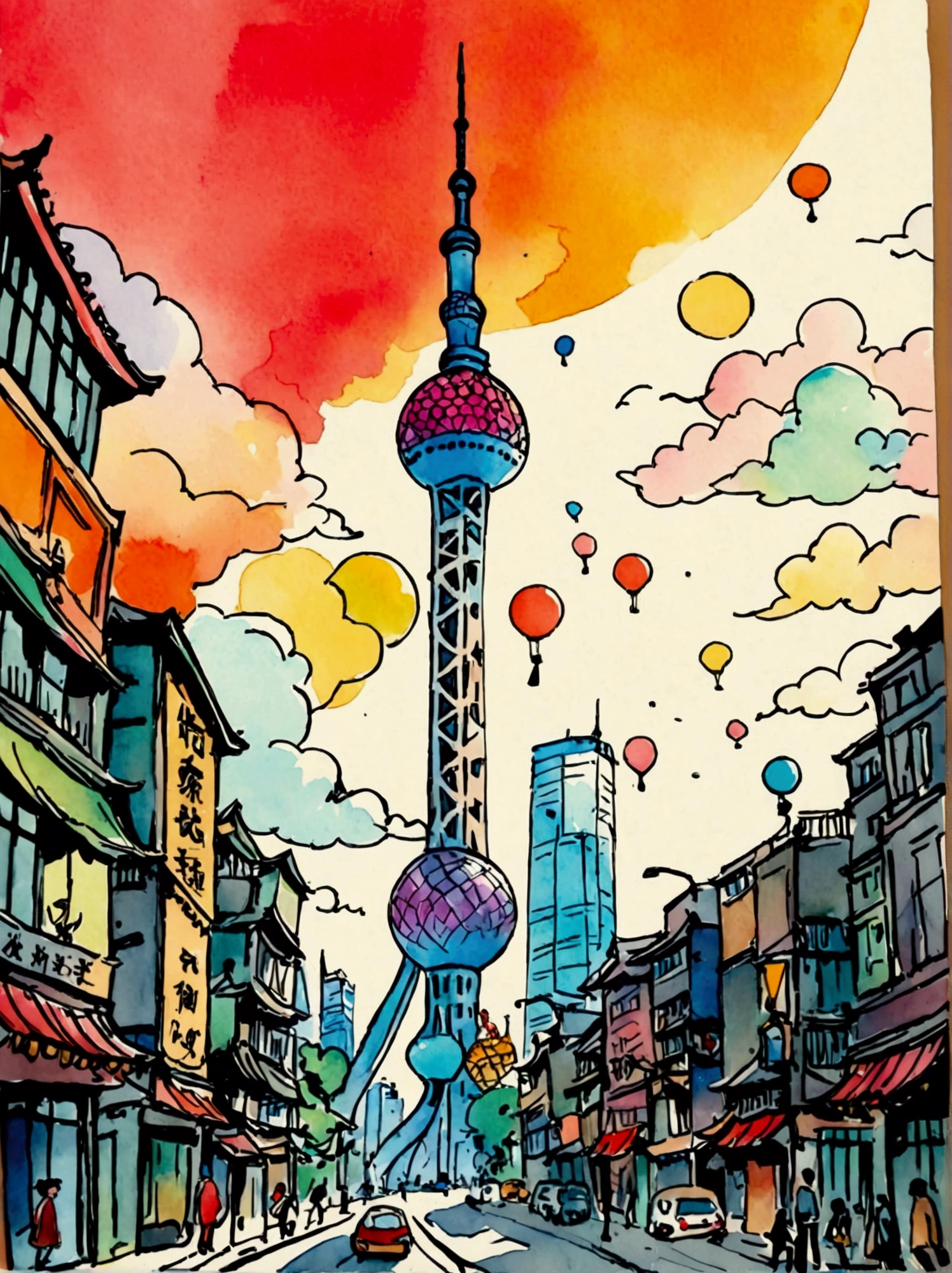 A postcard with the word &quot;Shanghai&quot; printed on top of the Oriental Pearl Tower，in the style of Quentin Blake,Hand-drawn illustration style,Watercolor illustration, white background, Lots of white space, Minimalism, centered image, illustration, cartoon, animated movie, award-winning, bold outlines, vibrant colors, shapes, mythical creature, colorful energy, white background