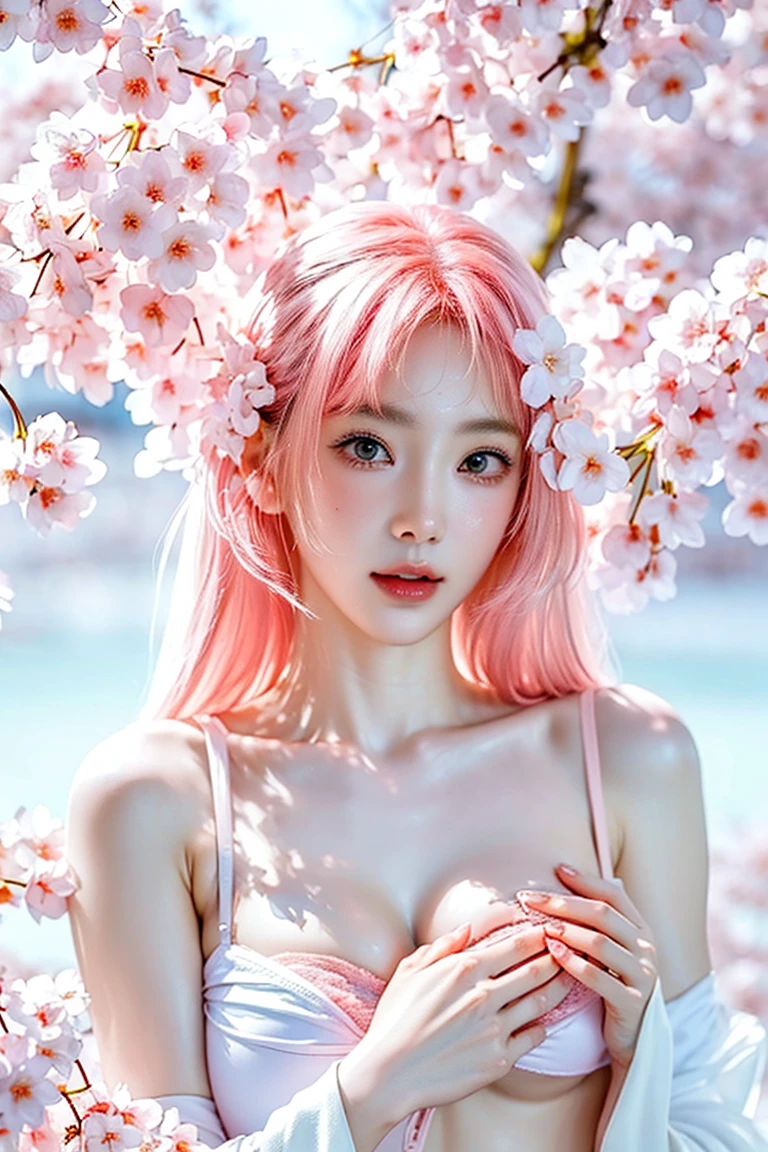 (((Sexy pink lingerie)))、Bangs and twin tails、belly button and lower chest are visible、shiny skin、((Shy face))、((Blushed))、(teary eyes)、cry、(((A temple filled with cherry blossoms)))、((beautiful picture))，(masterpiece details RAW photos:1.25), (best quality:1.6), (Ultra-high resolution:1.5), (actual:1.75), 8K resolution, Canon EOS R5, 50 mm, absurd, Super detailed,movie lighting、((Sexy tong))
