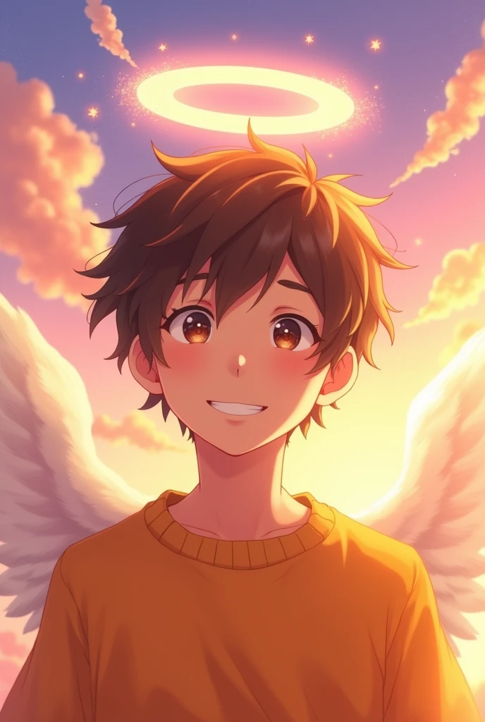 Guy with angel halo with orange sweater and brown hair in anime version