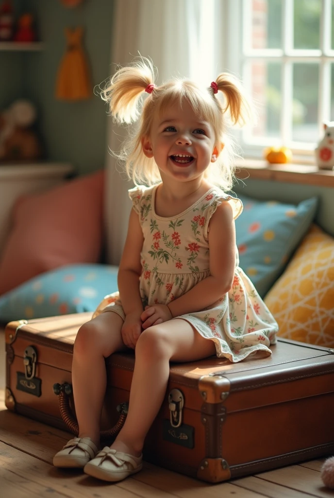 Blonde　　　Real　Front tooth chipped　Twin tails sitting on a suitcase　Low quality image　indoor　