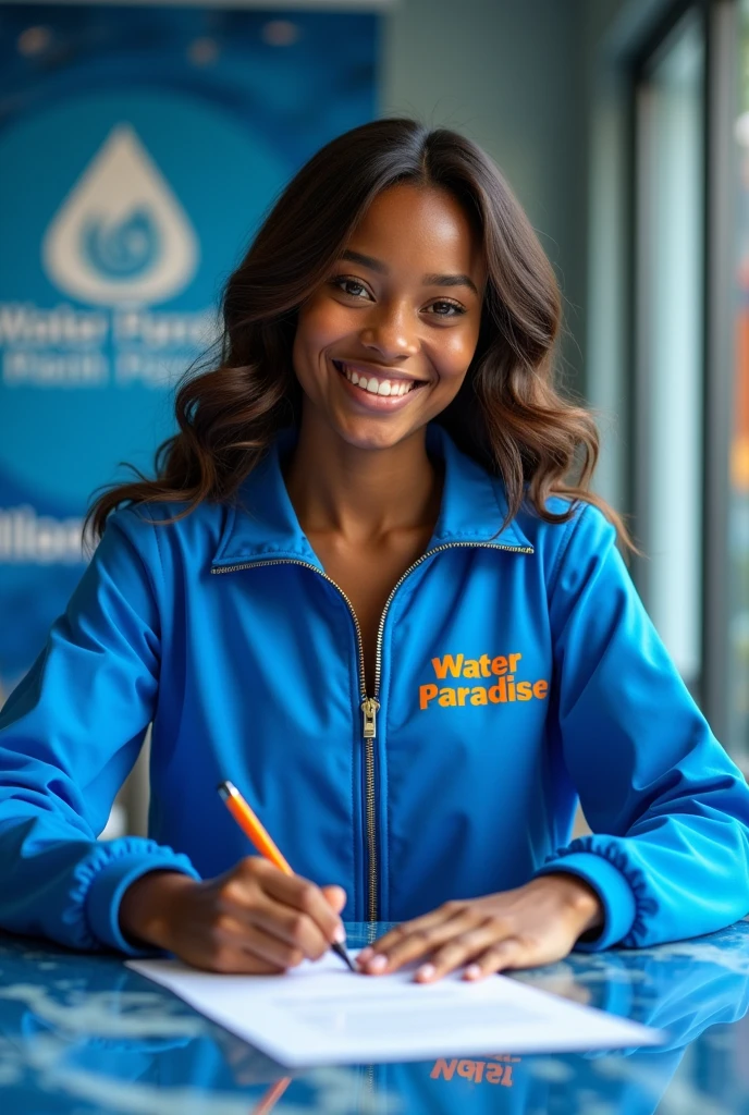 Wearing a blue jacket with the name “Water Paradise” on it in orange, in a blue marble colored office signing a contract with a banner saying “Water Paradise” in the back, zoom out, full body view A beautiful african american brown skin ager, female age 16, dimples, brown eyes,
Highlighted wig