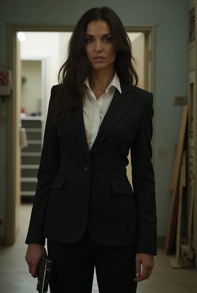 A stunningly beautiful and glamorous 40-year-old white woman, an FBI agent.、dark brunette straight long hair,She's in a dirty warehouse at the harbor, exchanging fire with the criminal with a .44 Magnum.、super realistic mature's body and skin,wearing plain black tight suit and white shirts and low-heel boots,sagging very huge bust,A tense scene from a crime drama, a fierce gun battle.、plump glamorous body neat woman,She is also dirty and torn, and she is also scratched.、The warehouse is filled with smoke、