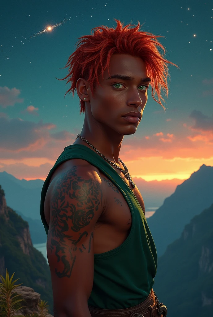 Young red-haired man, with emerald green eyes, long hair, feminine face with scars from cuts, darkskin. Around 25 years old, boy