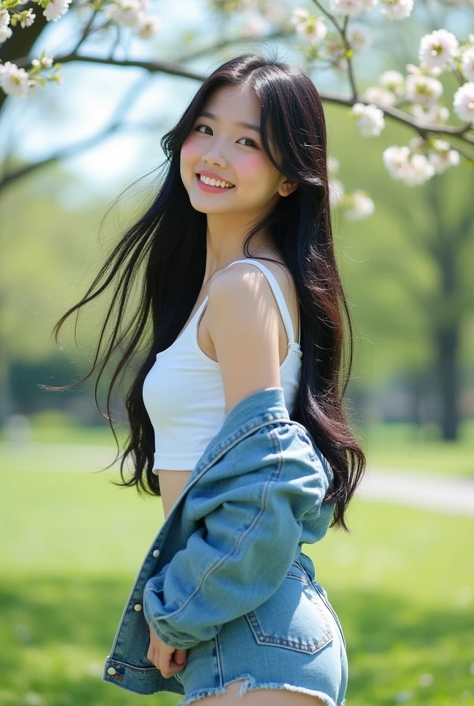Adult Korean girl. she has long black hair, Flushed cheeks and large breasts. She is wearing a white short shirt, denim shorts and denim jacket, she's in the park.