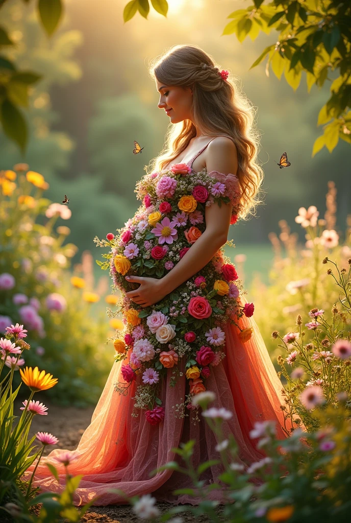 A gown made with all kinds of flowers pregnant woman