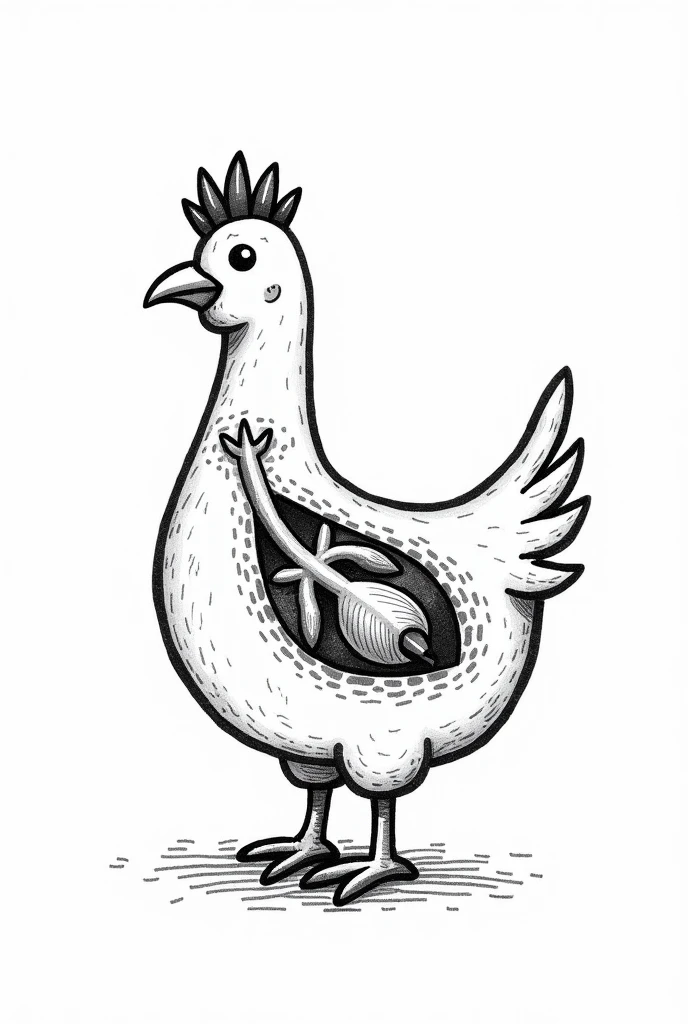 Draw me a chicken's body where only the respiratory system is visible, in black and white, like a simple, unrealistic drawing for children. Make the respiratory system prominent.