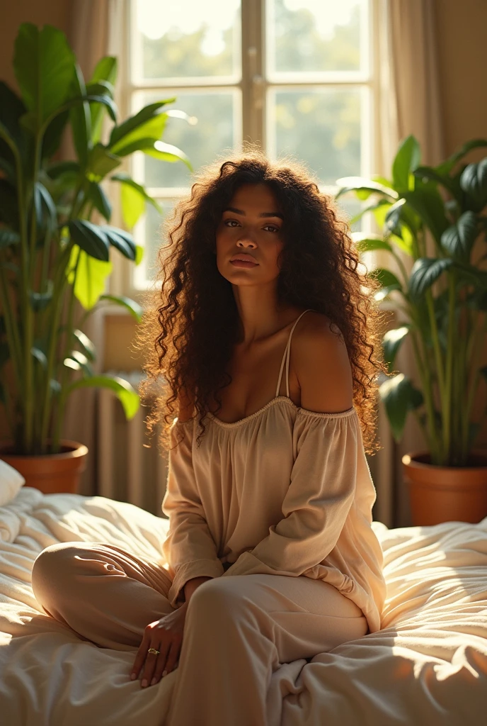 (photorealism:1.2), beautiful woman, sitting on bed, wearing loose off-shoulder top, pajama pants, long curly hair, indoors, soft lighting, plants in background, window with sunlight, cozy room, relaxed pose, realistic, intricate details, warm colors, by Greg Rutkowski, by Alphonse Mucha