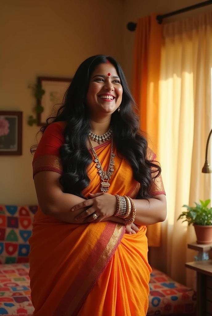 Create a realistic photograph of a smiling and beautiful indian hot housewife carrying a obese man on her shoulder , in a room, man is sitting on her shoulder, man on top, woman standing at bottom